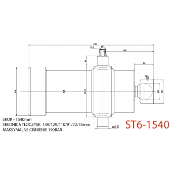 Siłownik teleskopowy 1540mm przyczepy, wywrotki ST6-1540, wysów -1540mm, wys-48cm 